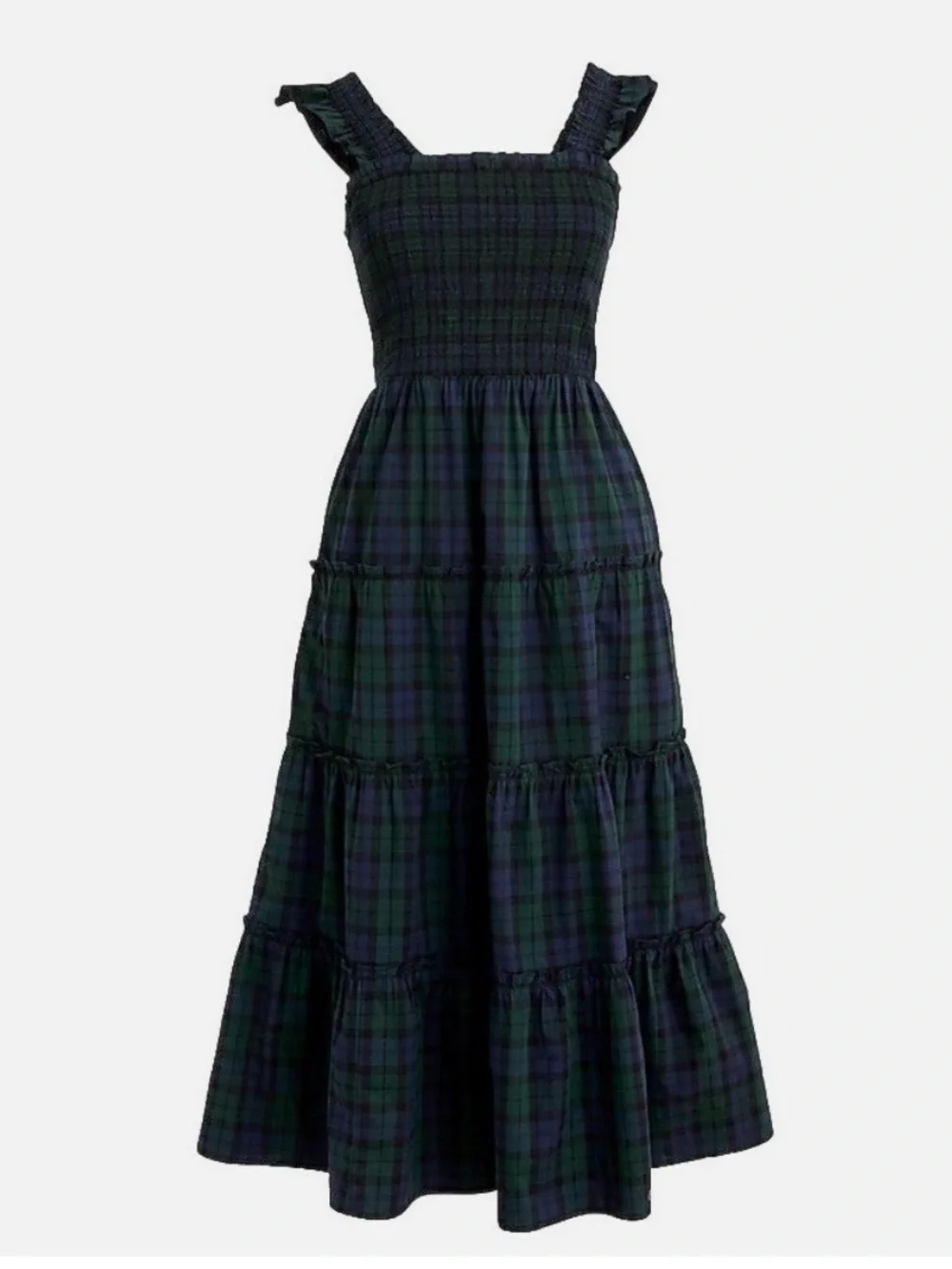 J.Crew Midi Dress Green Tartan Plaid Smocked Poplin Tiered Preppy Holiday SZ M